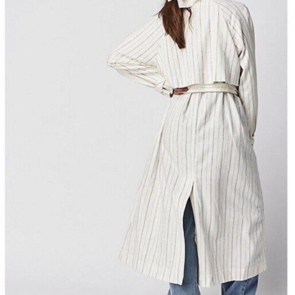 Free People Melia Mac Linen Duster Trench Coat Womens XS White Tan Pinstripe - Picture 2 of 7